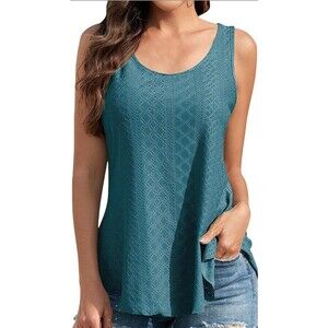 Eyelet Tops for Women Loose Casual Sleeveless Shirt Flowy High Neck Teal Small